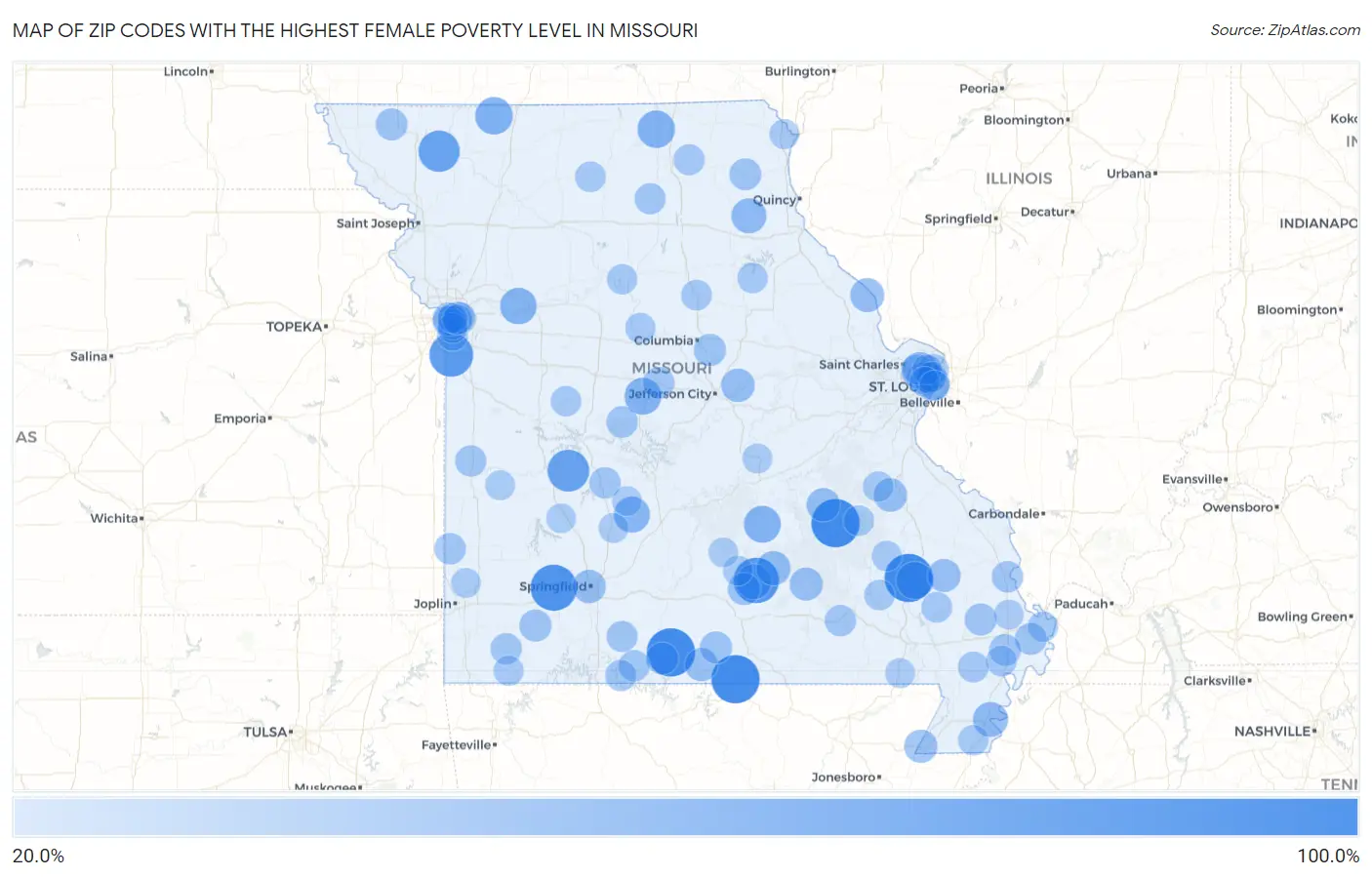 Zip Codes with the Highest Female Poverty Level in Missouri Map