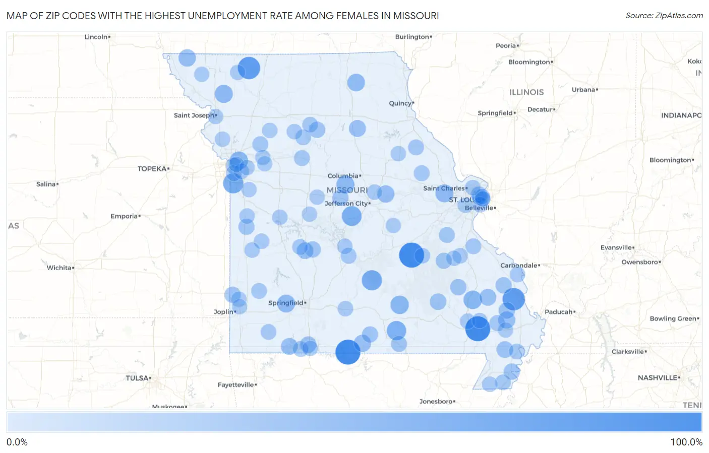 Zip Codes with the Highest Unemployment Rate Among Females in Missouri Map