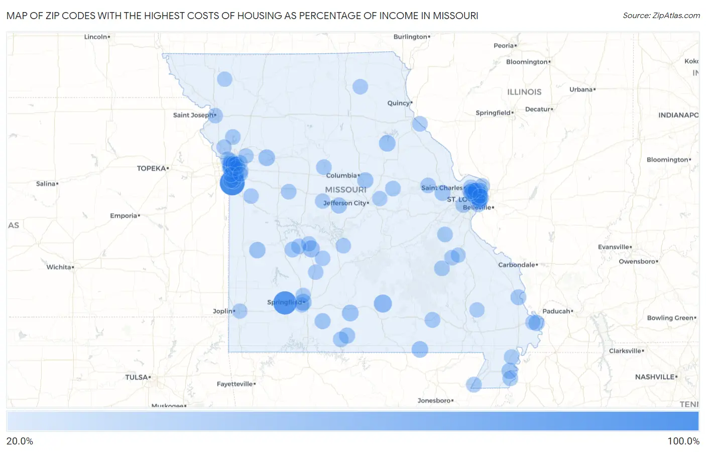 Zip Codes with the Highest Costs of Housing as Percentage of Income in Missouri Map