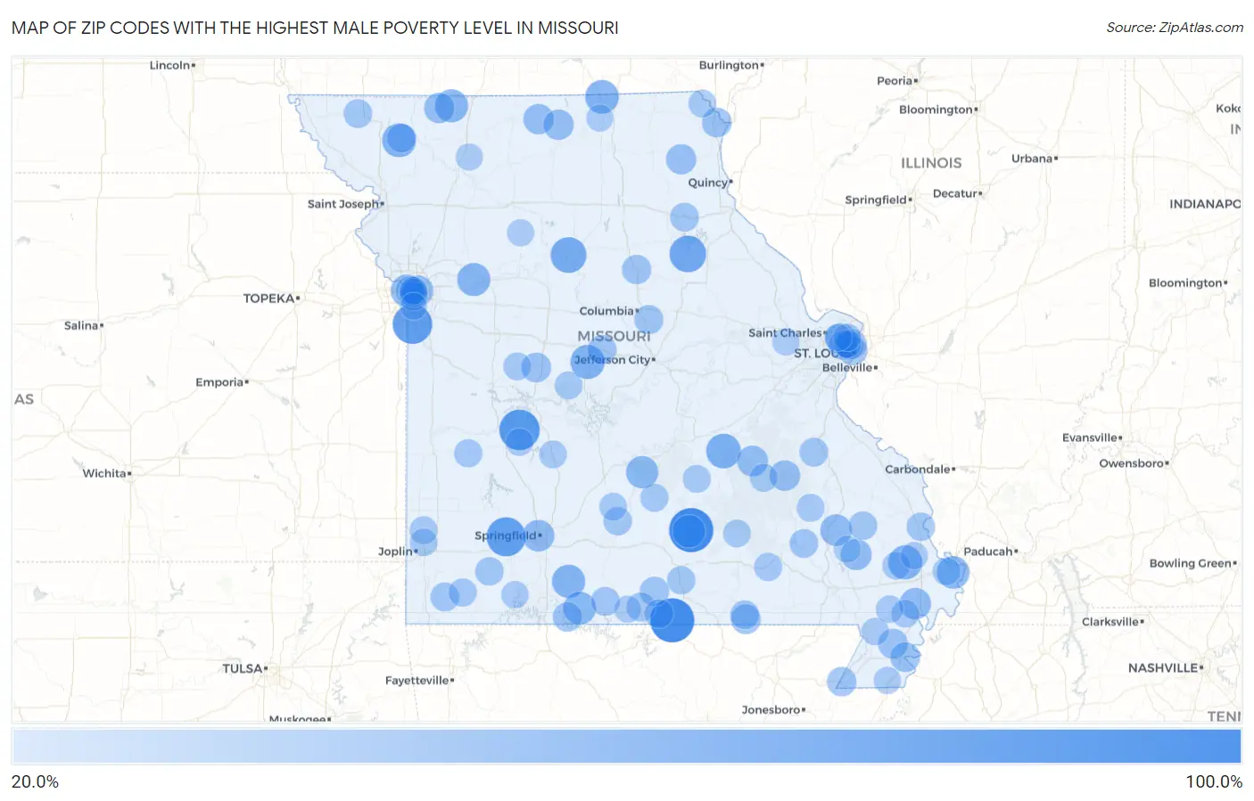 Zip Codes with the Highest Male Poverty Level in Missouri Map