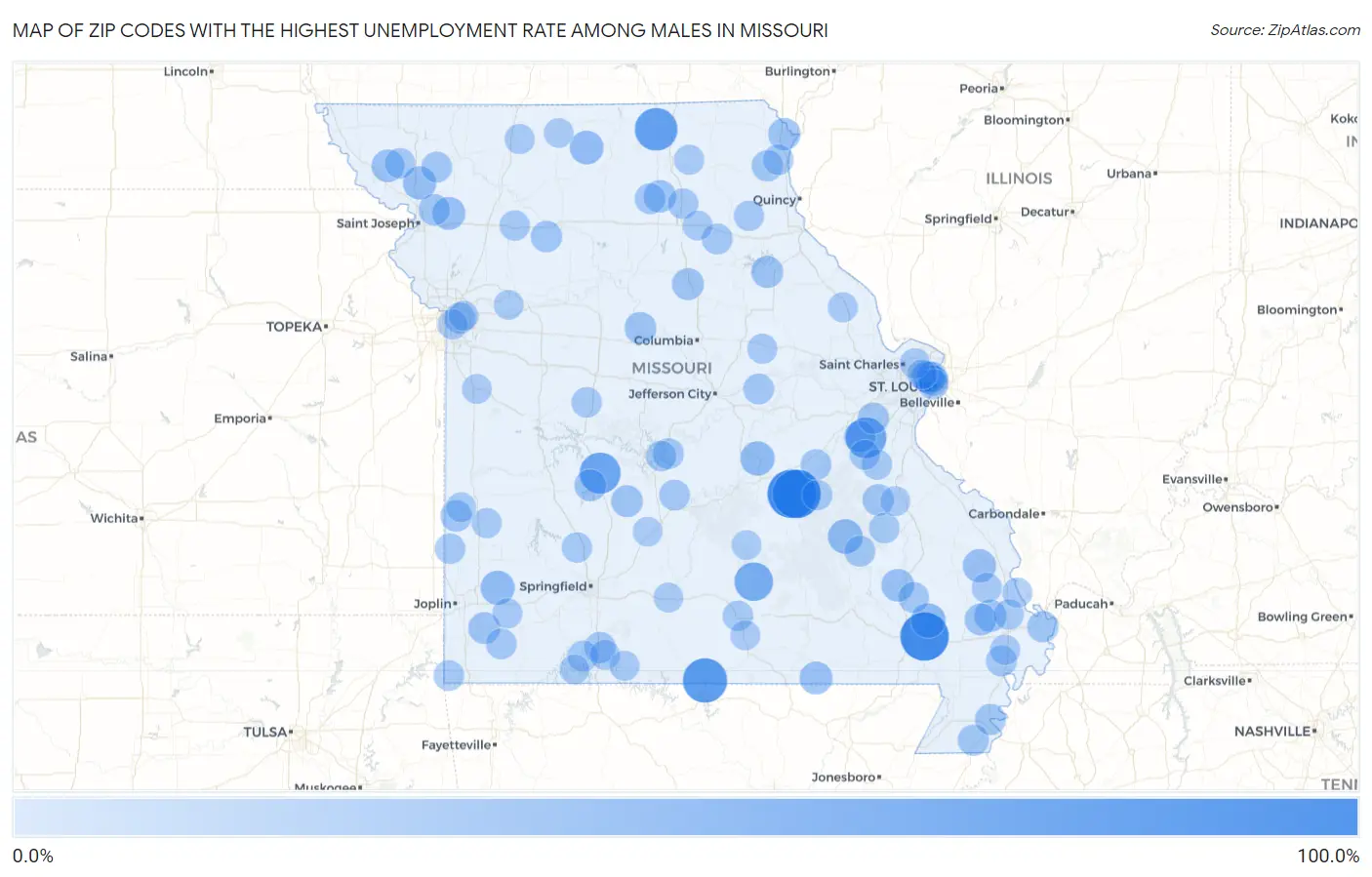 Zip Codes with the Highest Unemployment Rate Among Males in Missouri Map