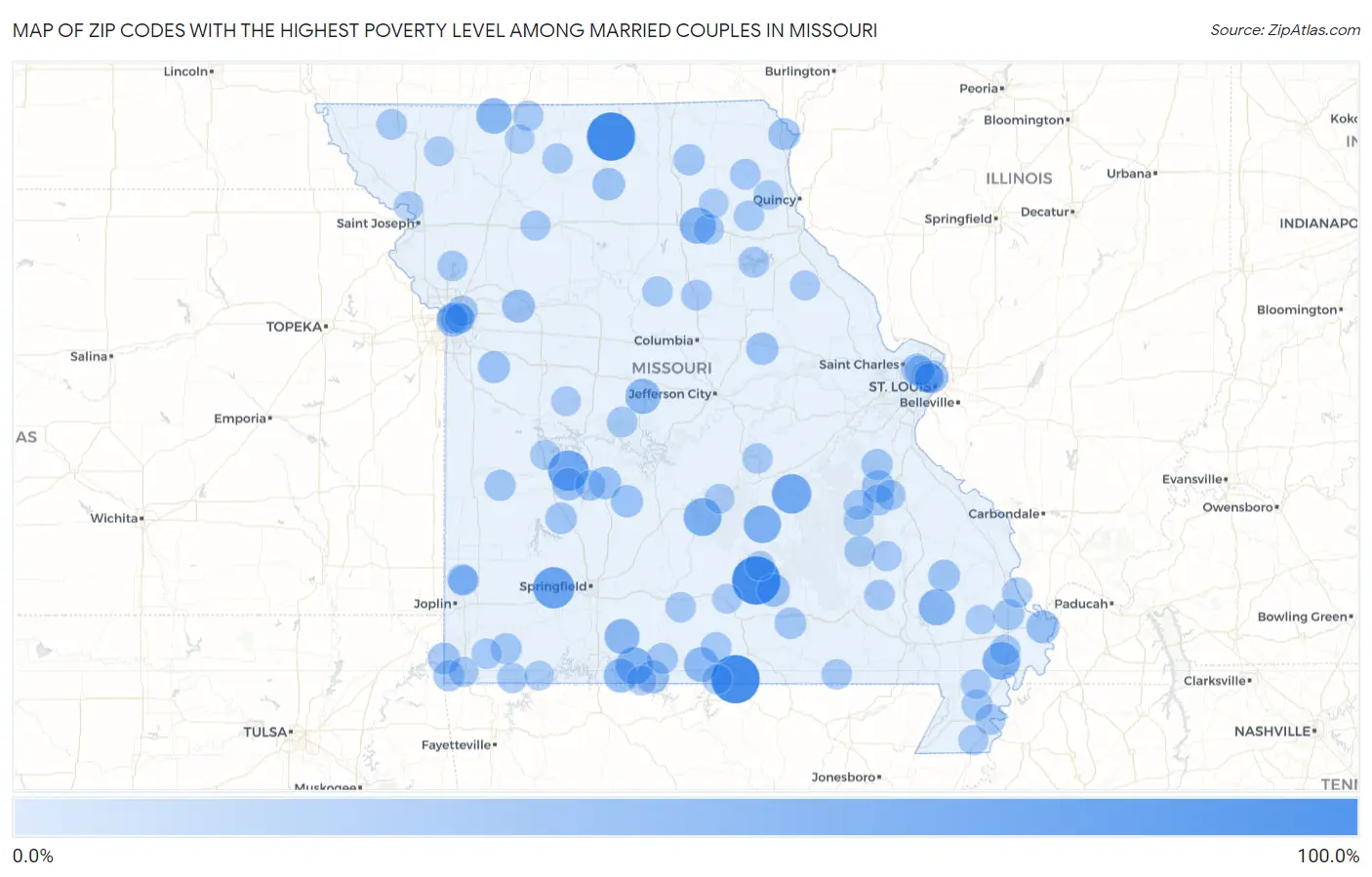 Zip Codes with the Highest Poverty Level Among Married Couples in Missouri Map