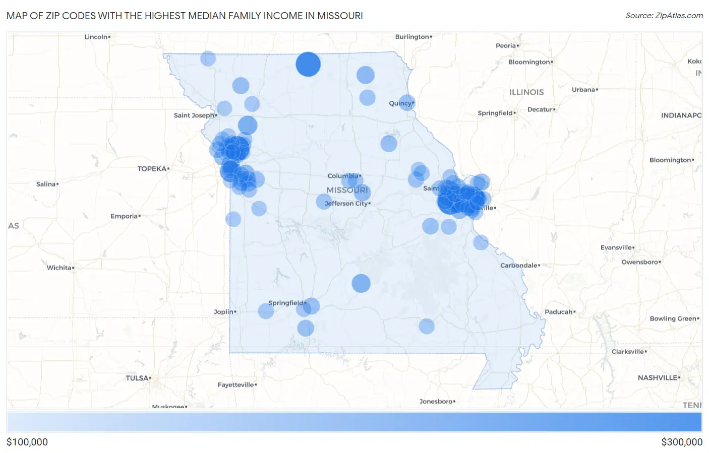 Zip Codes with the Highest Median Family Income in Missouri Map