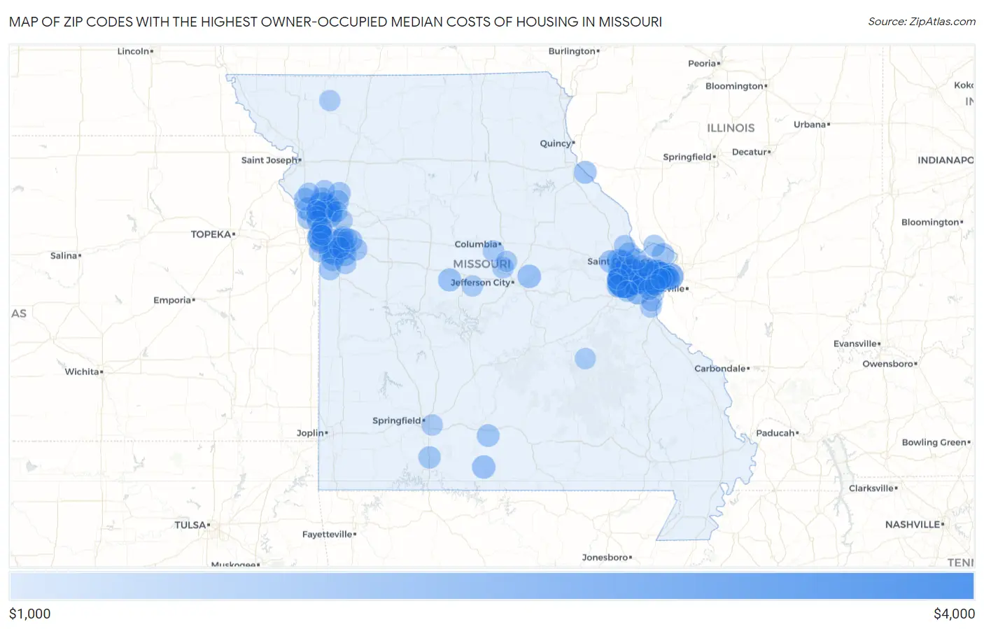 Zip Codes with the Highest Owner-Occupied Median Costs of Housing in Missouri Map