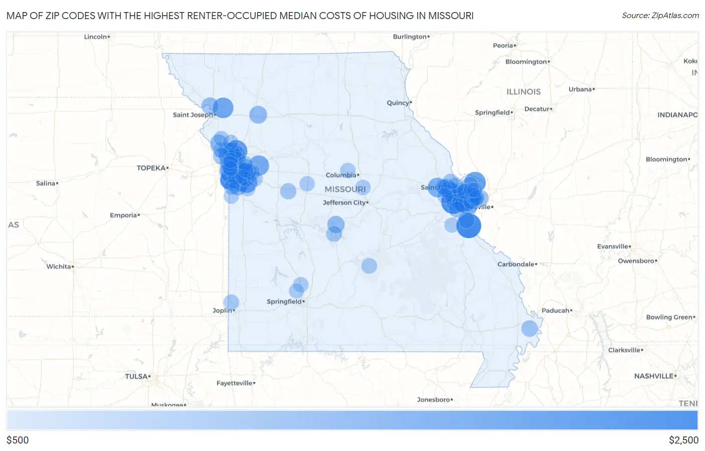Zip Codes with the Highest Renter-Occupied Median Costs of Housing in Missouri Map