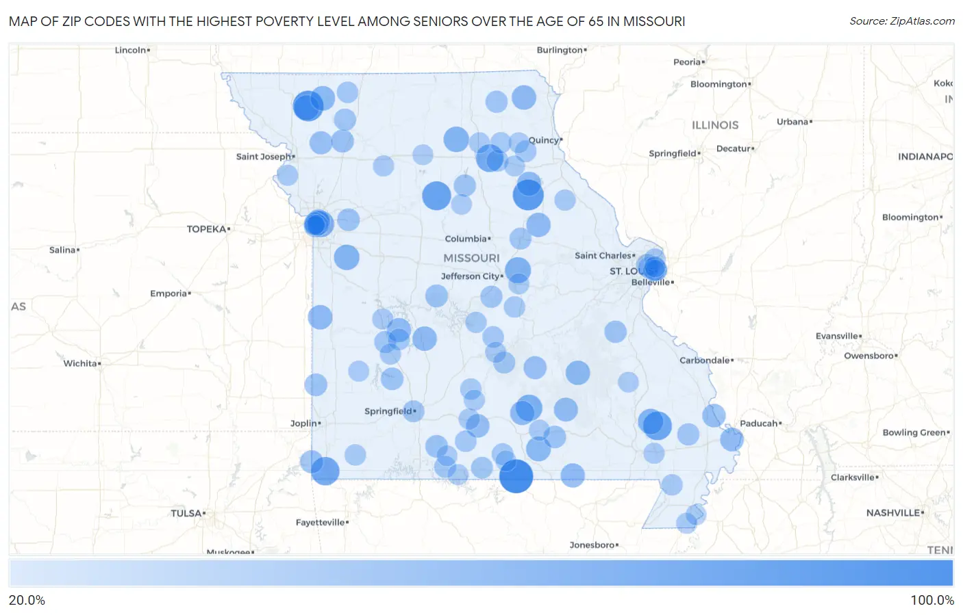 Zip Codes with the Highest Poverty Level Among Seniors Over the Age of 65 in Missouri Map