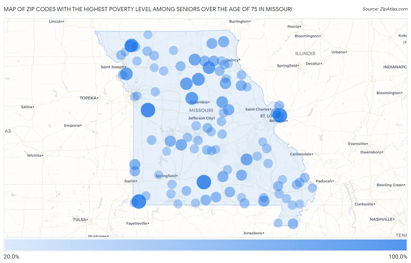 Zip Codes with the Highest Poverty Level Among Seniors Over the Age of 75 in Missouri Map