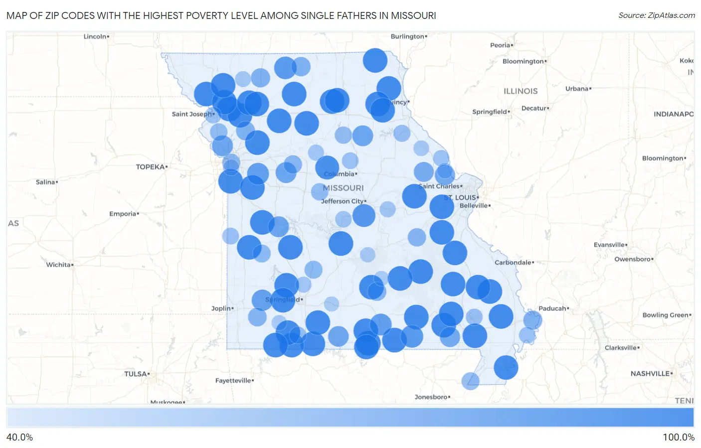 Zip Codes with the Highest Poverty Level Among Single Fathers in Missouri Map