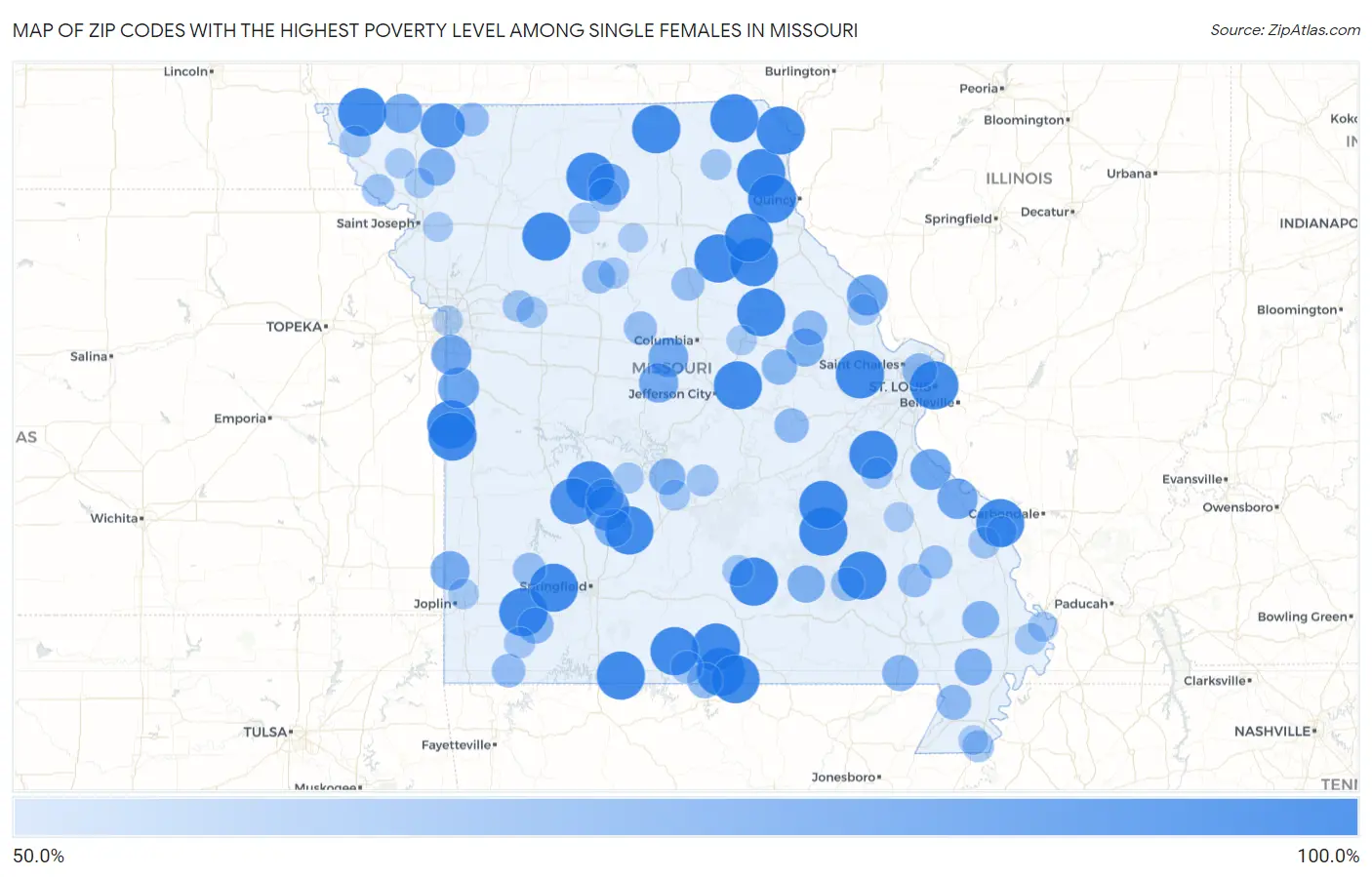 Zip Codes with the Highest Poverty Level Among Single Females in Missouri Map