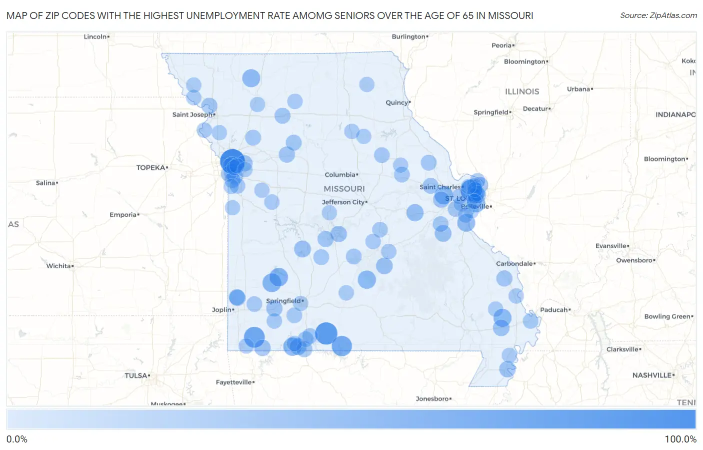 Zip Codes with the Highest Unemployment Rate Amomg Seniors Over the Age of 65 in Missouri Map