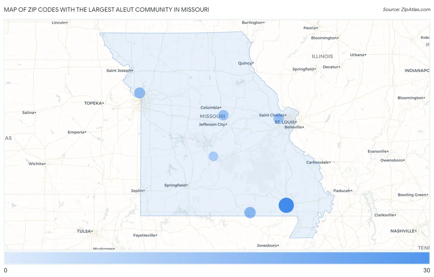 Zip Codes with the Largest Aleut Community in Missouri Map