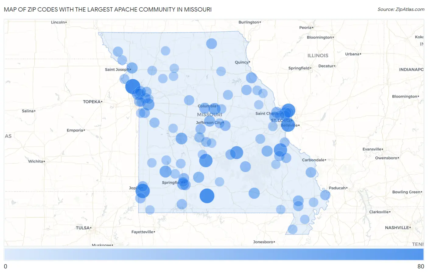 Zip Codes with the Largest Apache Community in Missouri Map