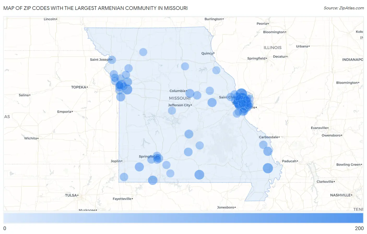 Zip Codes with the Largest Armenian Community in Missouri Map