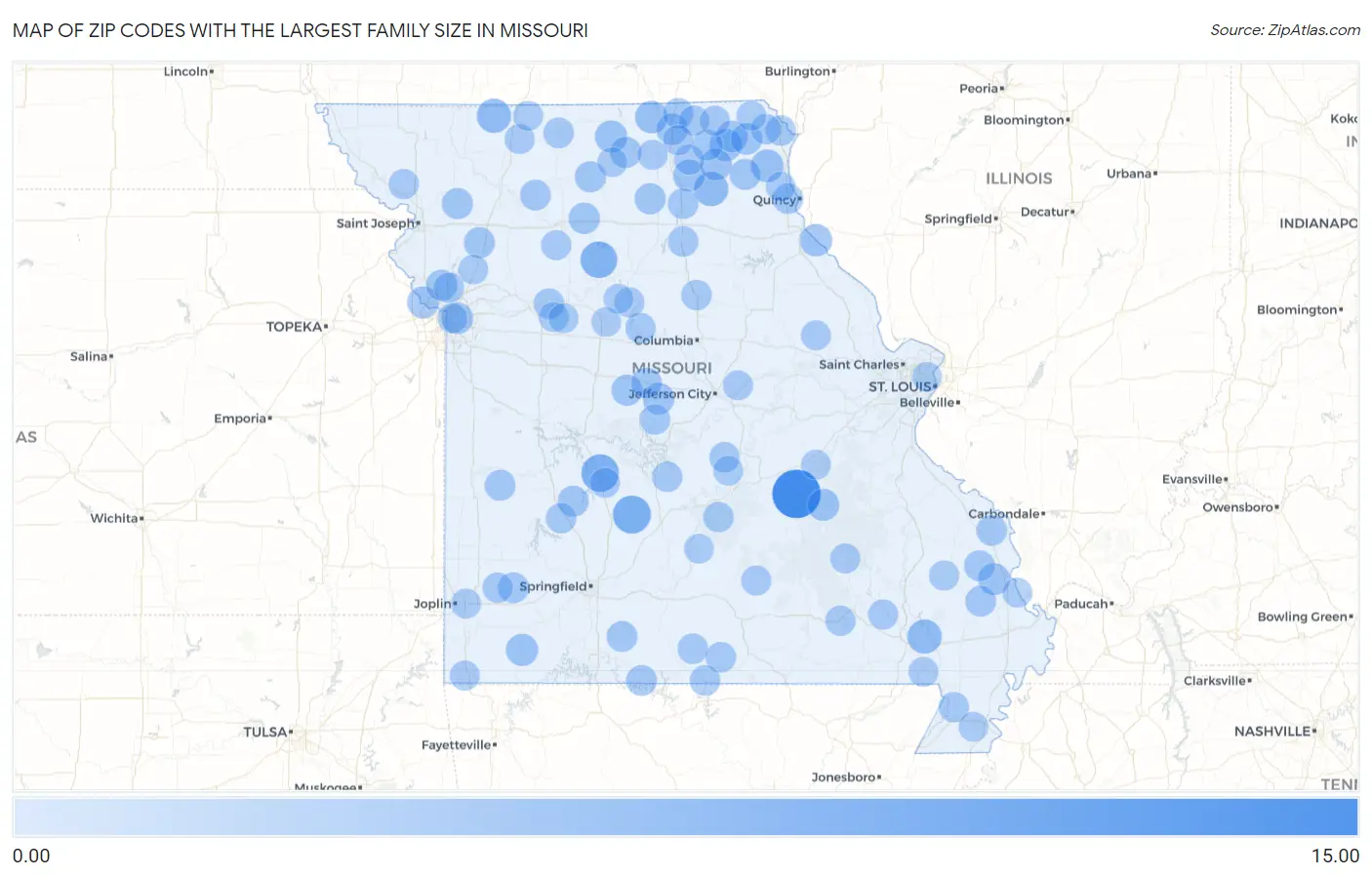 Zip Codes with the Largest Family Size in Missouri Map