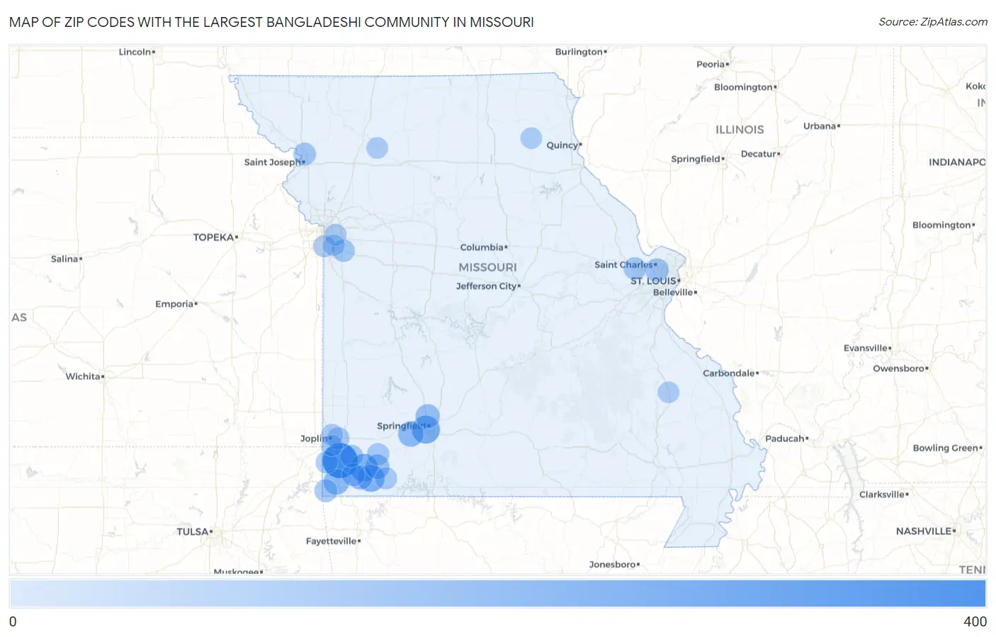 Zip Codes with the Largest Bangladeshi Community in Missouri Map