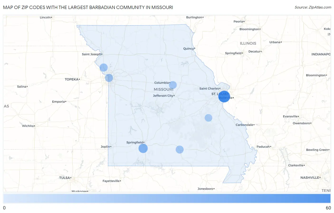 Zip Codes with the Largest Barbadian Community in Missouri Map