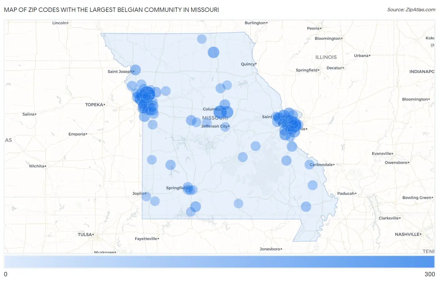 Zip Codes with the Largest Belgian Community in Missouri Map