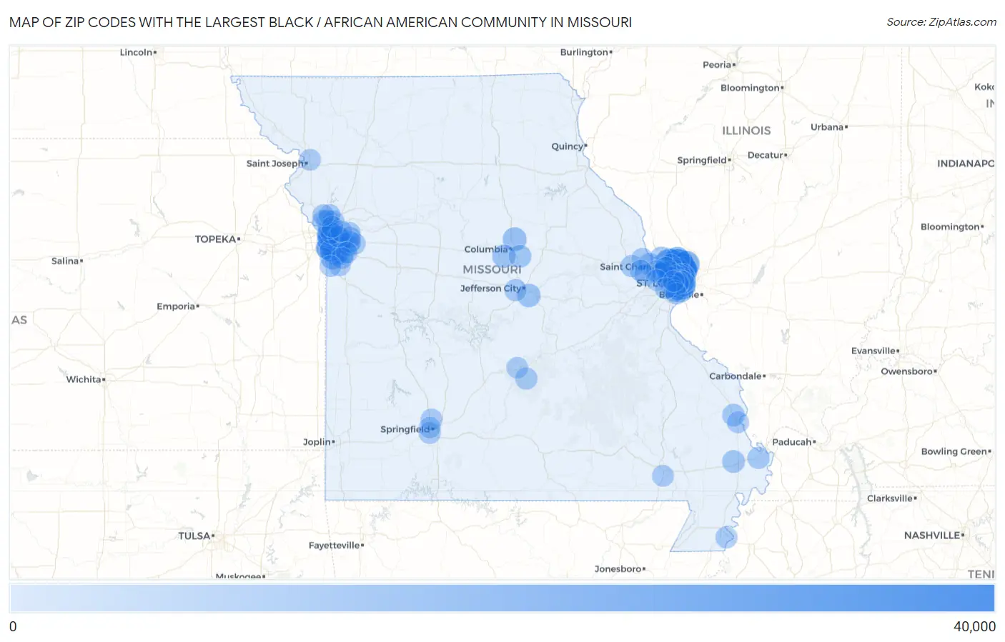Zip Codes with the Largest Black / African American Community in Missouri Map