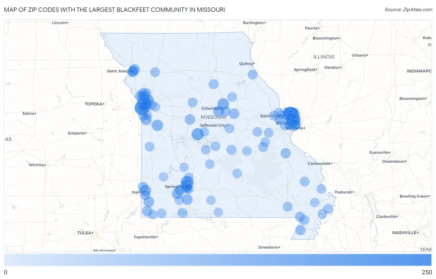 Zip Codes with the Largest Blackfeet Community in Missouri Map
