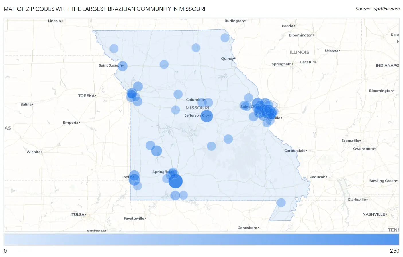 Zip Codes with the Largest Brazilian Community in Missouri Map