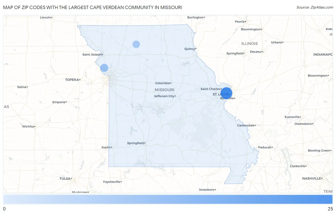 Zip Codes with the Largest Cape Verdean Community in Missouri Map