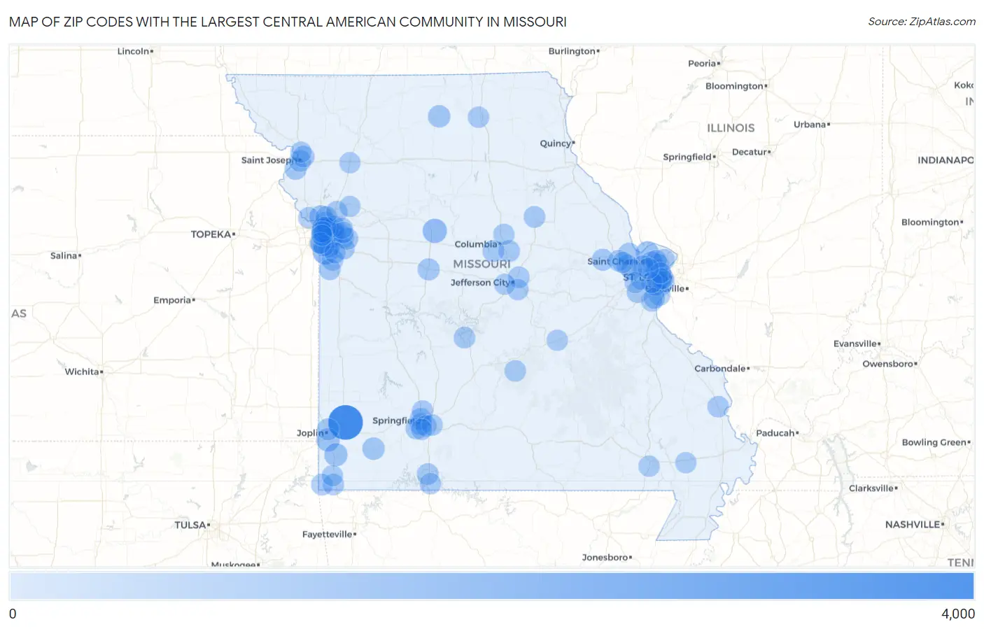 Zip Codes with the Largest Central American Community in Missouri Map