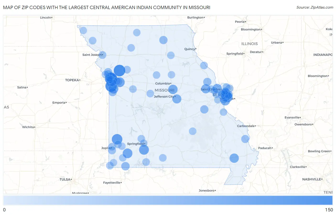 Zip Codes with the Largest Central American Indian Community in Missouri Map