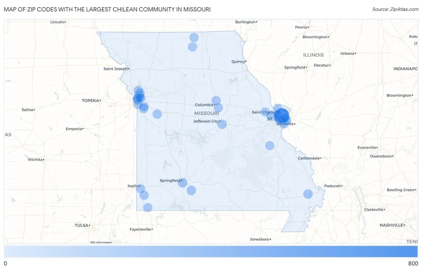 Zip Codes with the Largest Chilean Community in Missouri Map