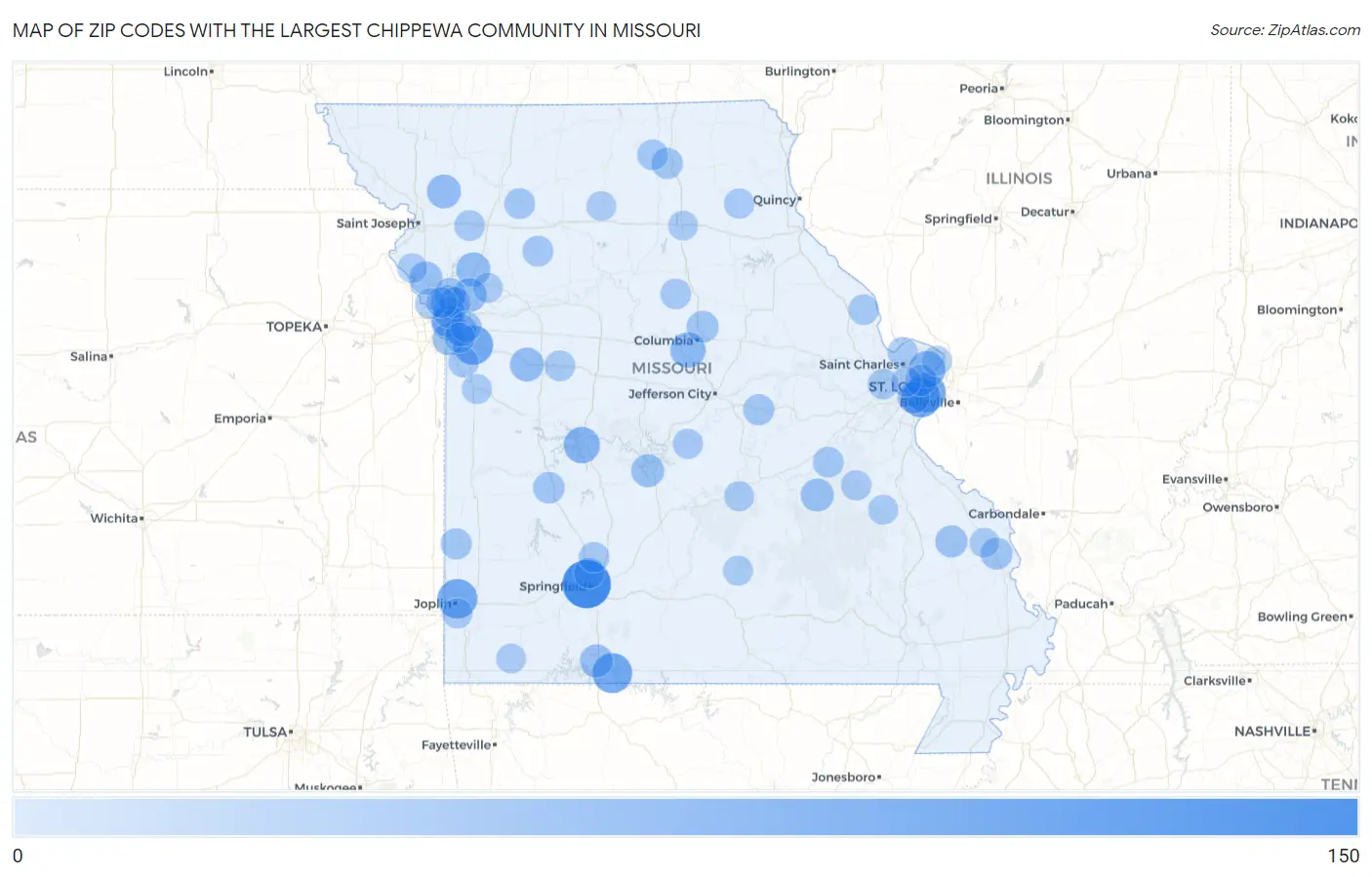 Zip Codes with the Largest Chippewa Community in Missouri Map