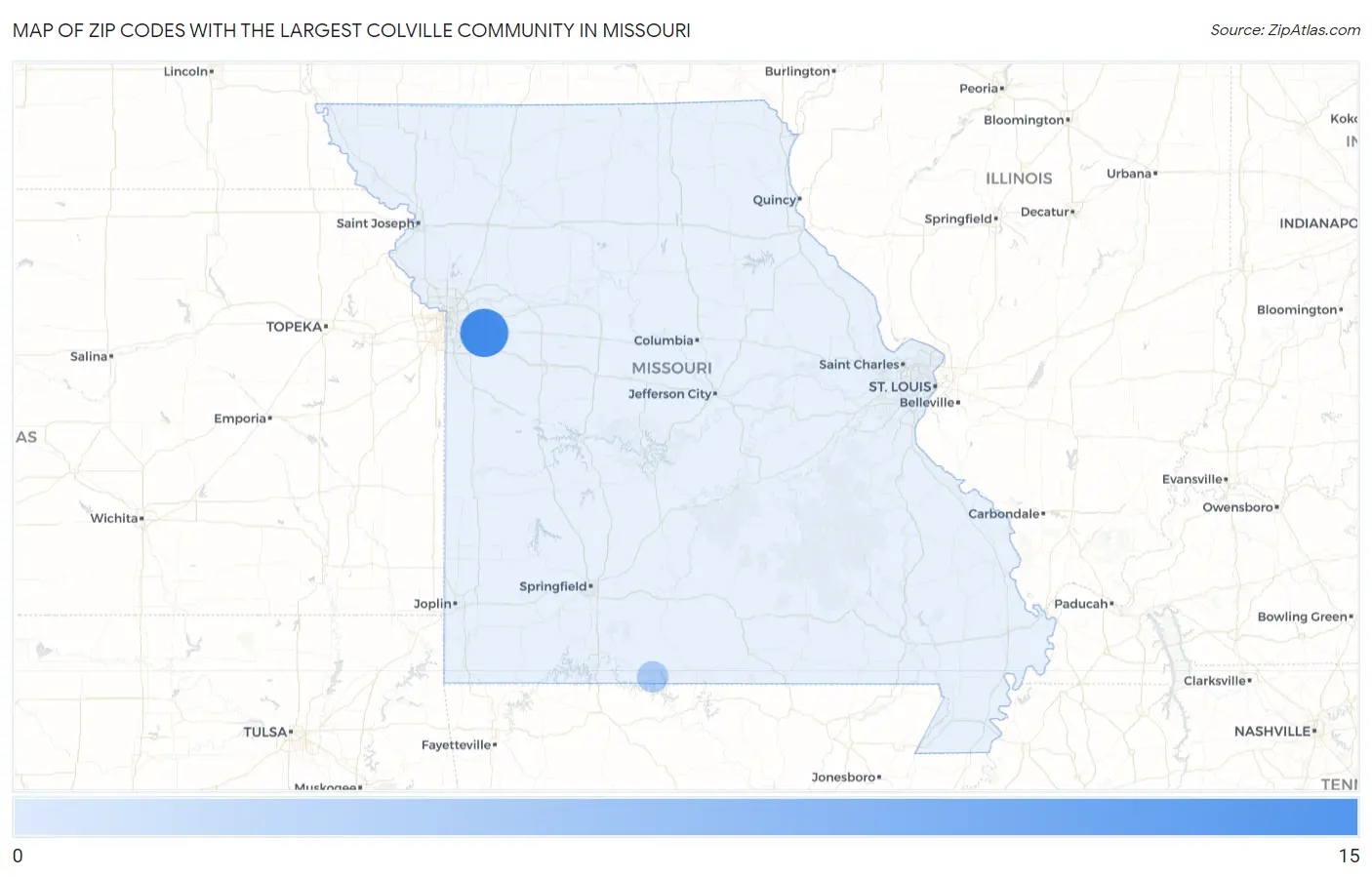 Zip Codes with the Largest Colville Community in Missouri Map