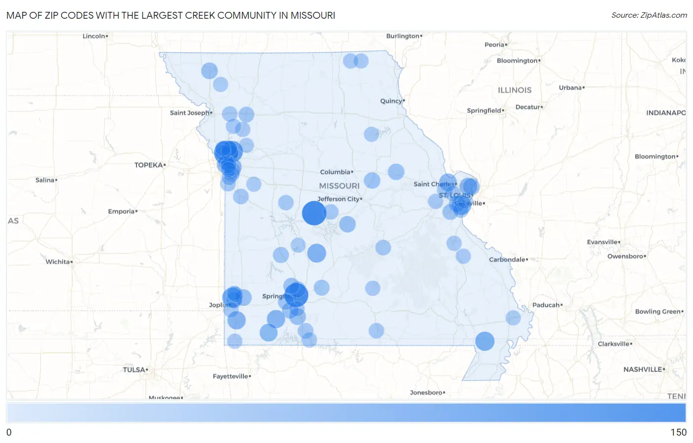 Zip Codes with the Largest Creek Community in Missouri Map