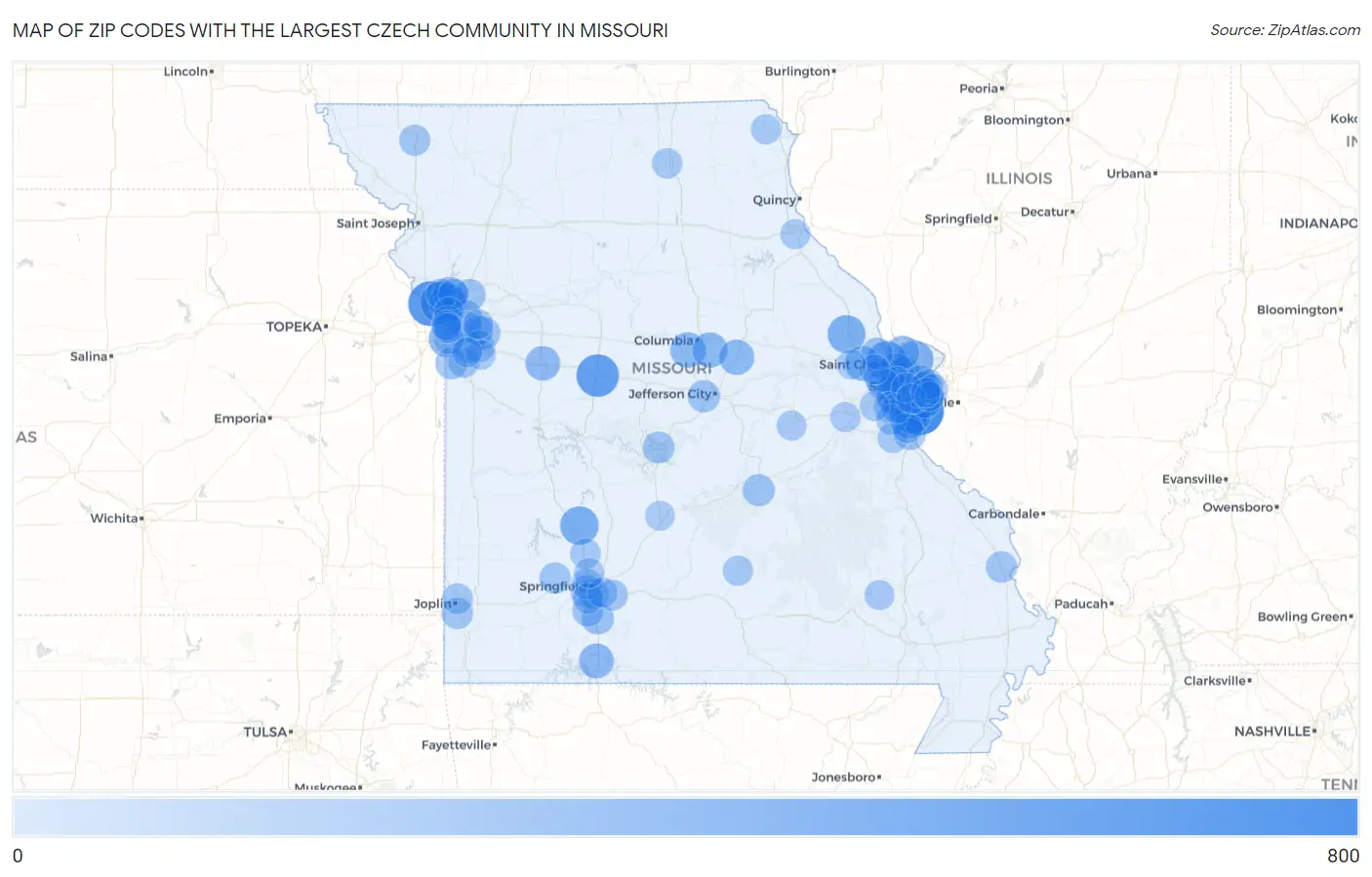 Zip Codes with the Largest Czech Community in Missouri Map