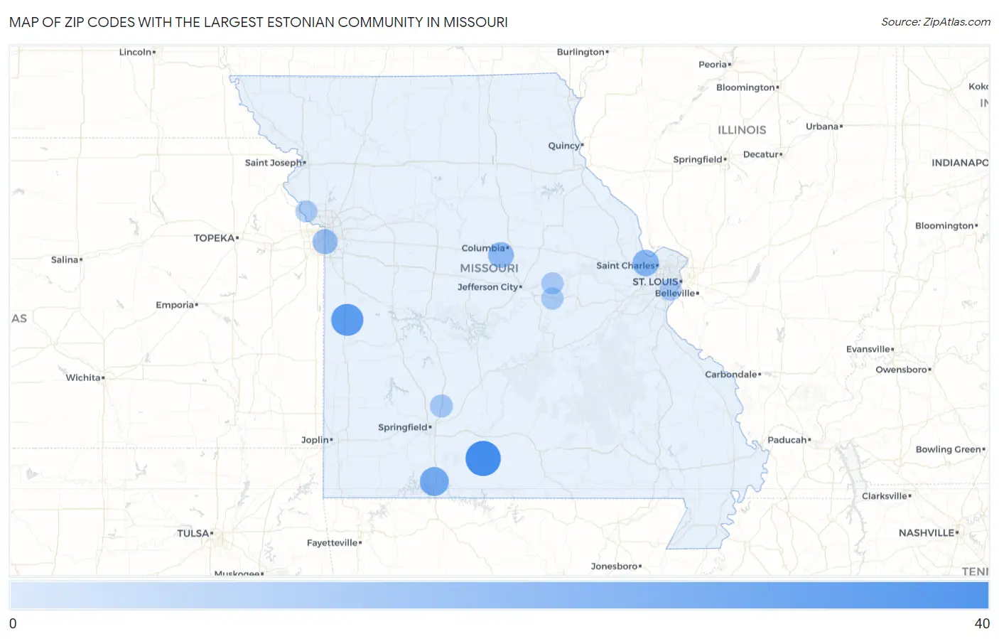 Zip Codes with the Largest Estonian Community in Missouri Map