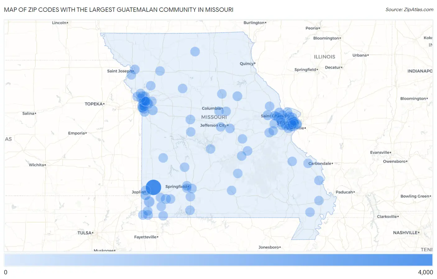 Zip Codes with the Largest Guatemalan Community in Missouri Map