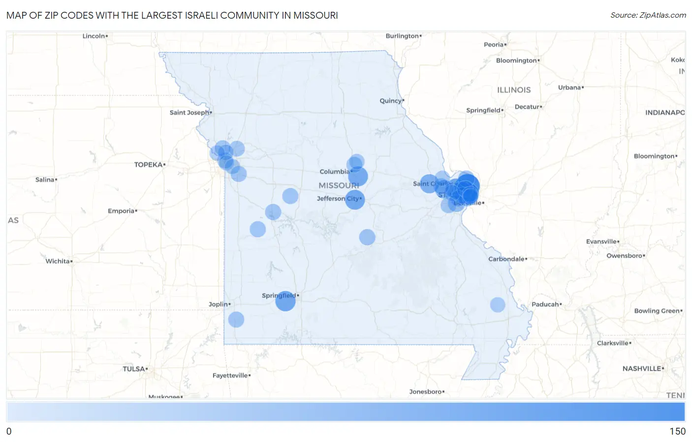 Zip Codes with the Largest Israeli Community in Missouri Map