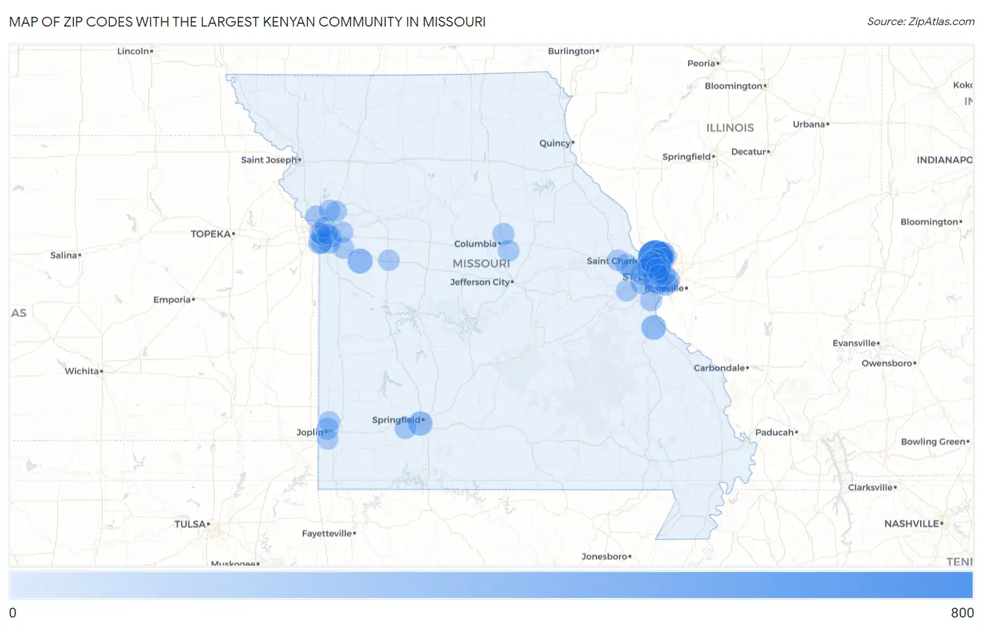 Zip Codes with the Largest Kenyan Community in Missouri Map