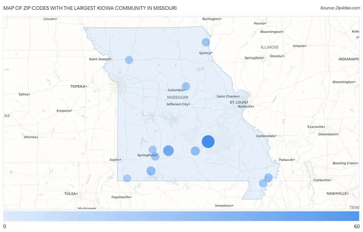 Zip Codes with the Largest Kiowa Community in Missouri Map