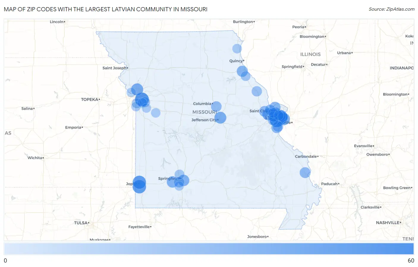 Zip Codes with the Largest Latvian Community in Missouri Map