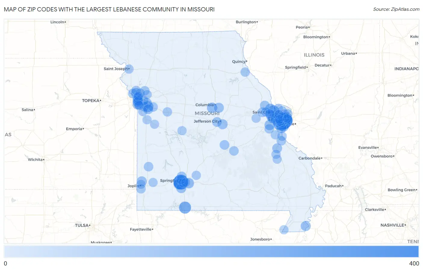 Zip Codes with the Largest Lebanese Community in Missouri Map