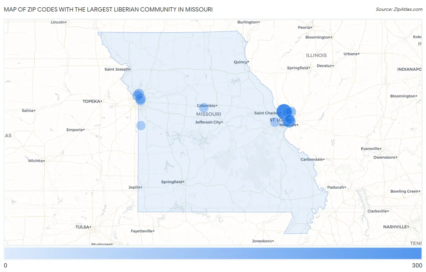 Zip Codes with the Largest Liberian Community in Missouri Map