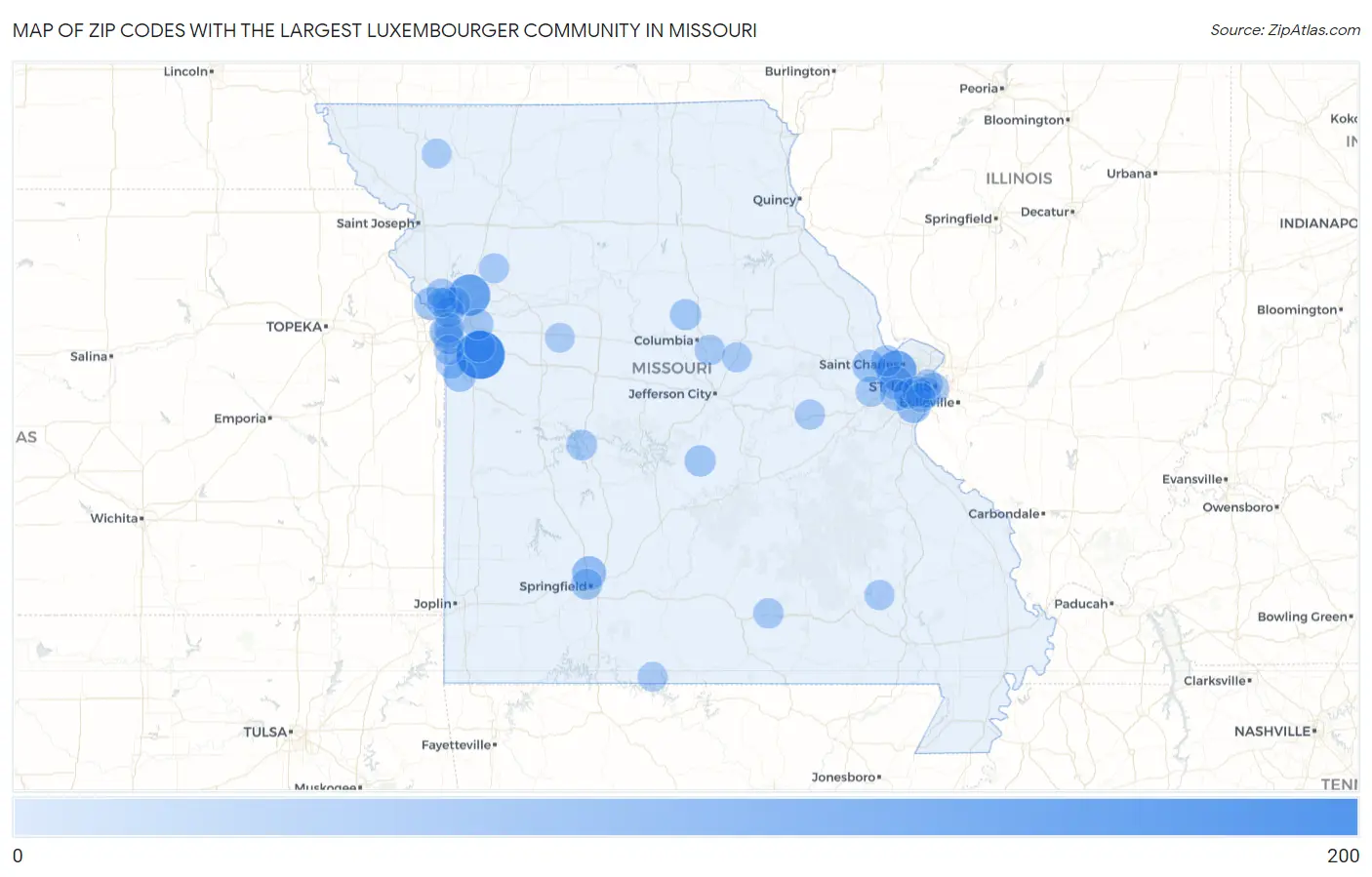 Zip Codes with the Largest Luxembourger Community in Missouri Map