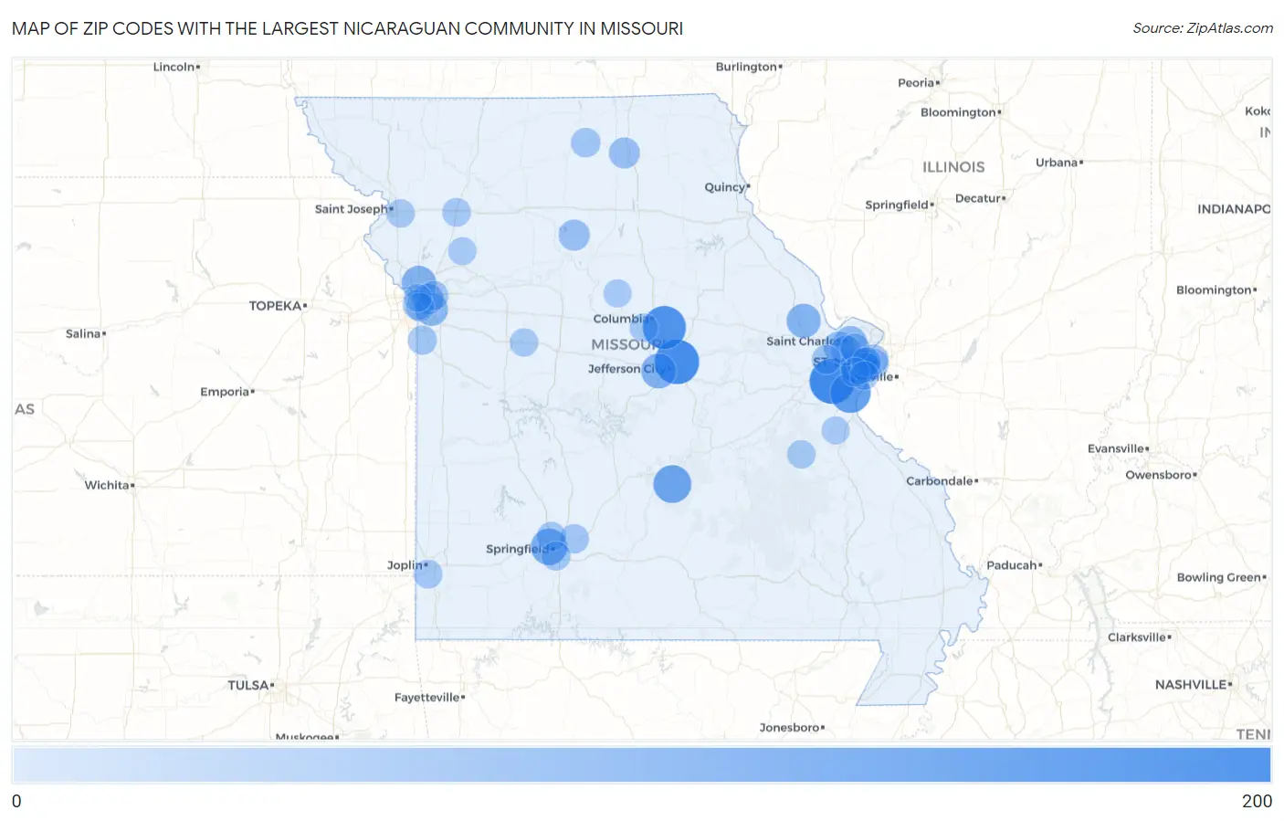 Zip Codes with the Largest Nicaraguan Community in Missouri Map
