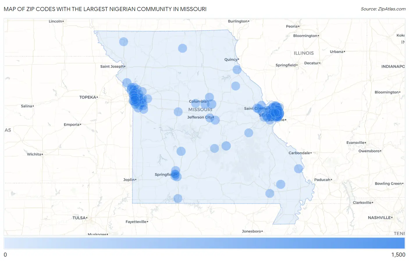Zip Codes with the Largest Nigerian Community in Missouri Map