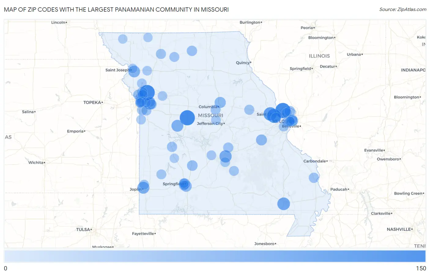 Zip Codes with the Largest Panamanian Community in Missouri Map