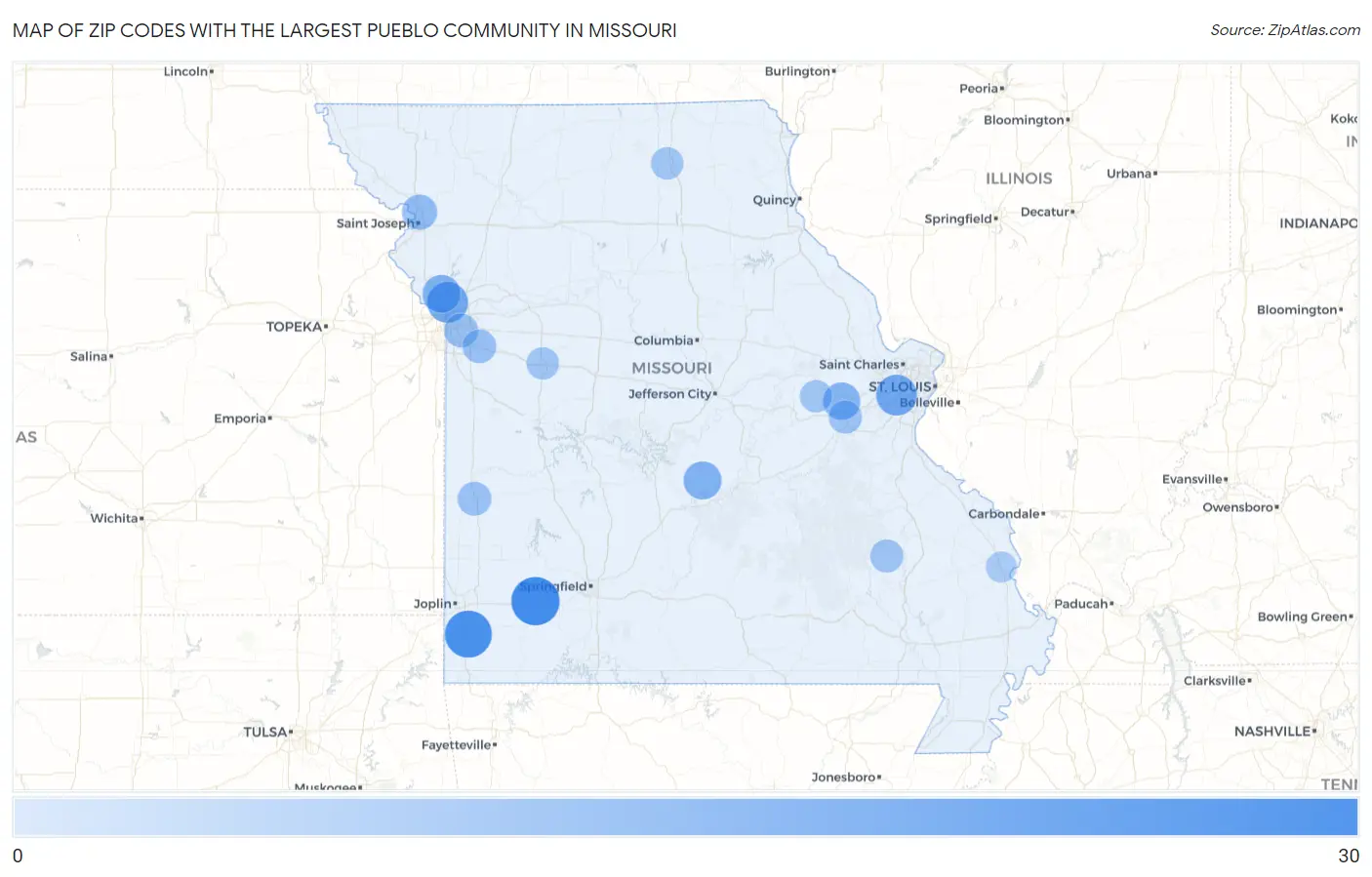 Zip Codes with the Largest Pueblo Community in Missouri Map