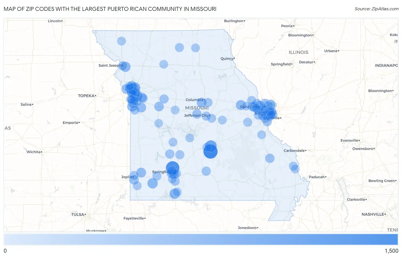 Zip Codes with the Largest Puerto Rican Community in Missouri Map