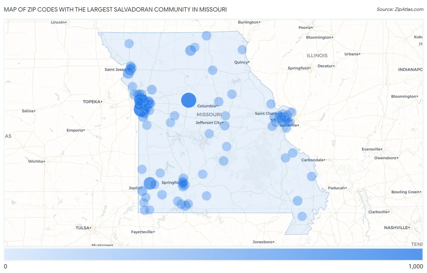 Zip Codes with the Largest Salvadoran Community in Missouri Map
