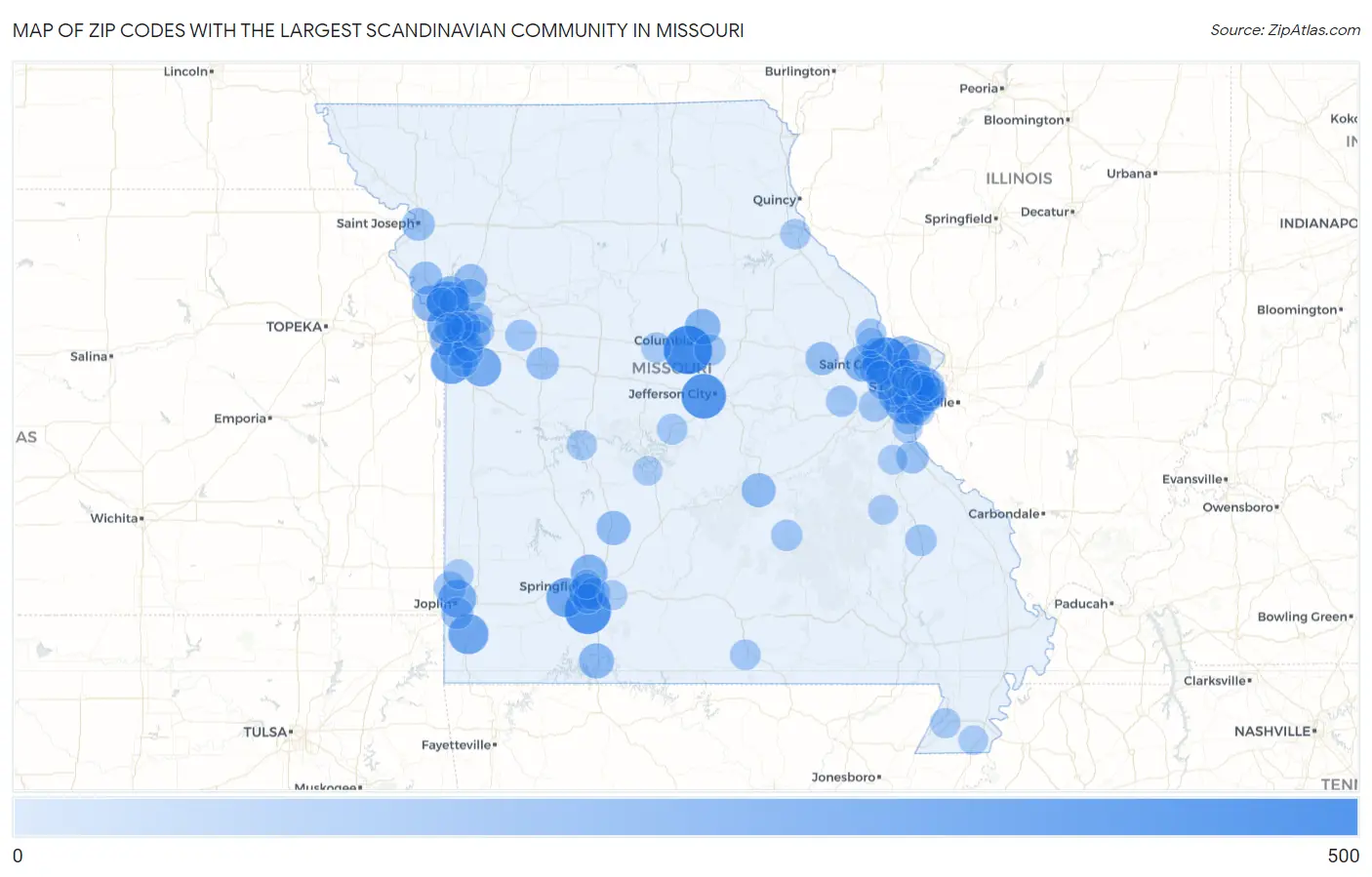 Zip Codes with the Largest Scandinavian Community in Missouri Map