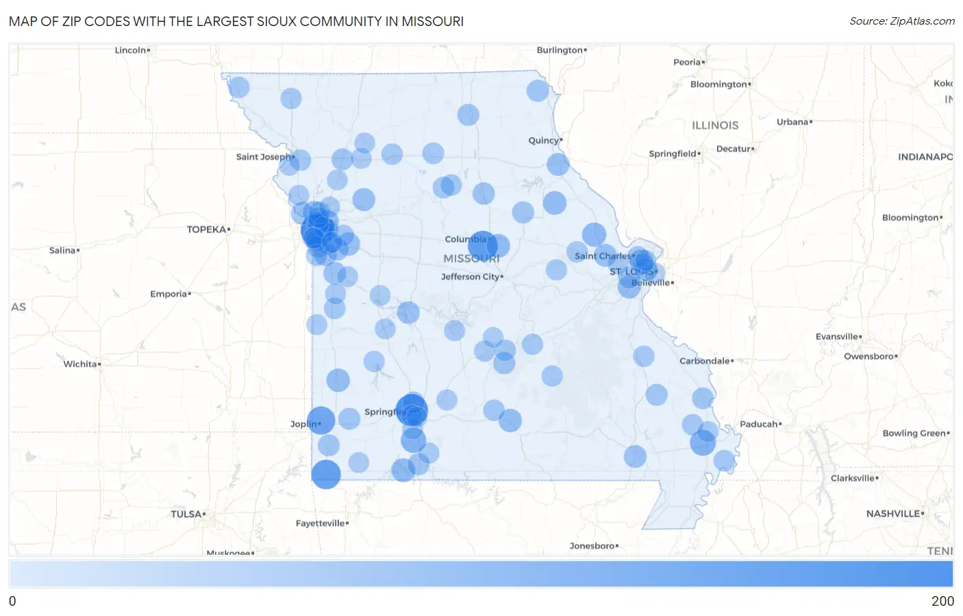 Zip Codes with the Largest Sioux Community in Missouri Map