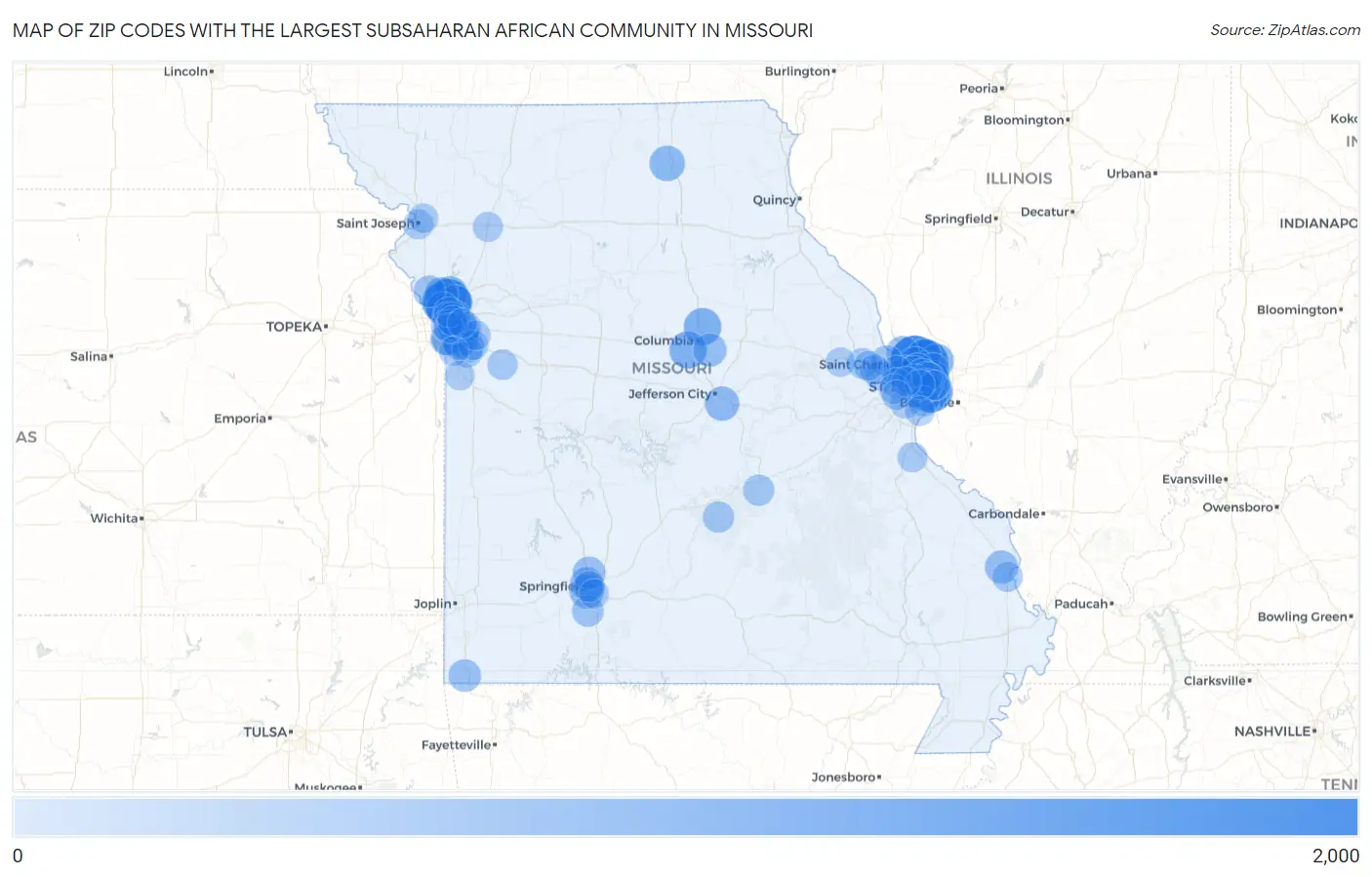 Zip Codes with the Largest Subsaharan African Community in Missouri Map